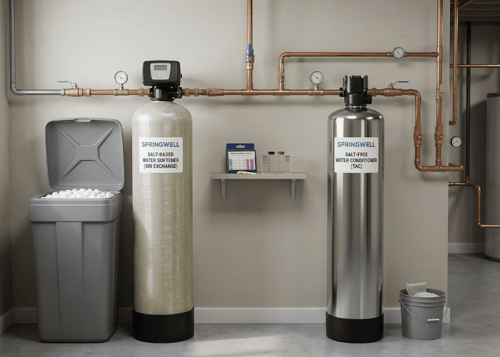 Create a highly realistic, high-resolution image based on the following article content. Read the article, understand the main topic, and generate a visually accurate scene that represents the core message. Focus on the primary subject discussed in the article, including key objects, environments, actions, or products mentioned. Ensure the image clearly reflects the theme of water filtration, water treatment, home plumbing, or any related system if applicable. Use photo-realistic lighting, natural textures, sharp details, and accurate proportions. The image should visually communicate: – What the article is about – The main product or system – How it functions or is used – The environment it belongs in Use clean composition, minimal clutter, and a realistic home or industrial setting if relevant. Style: ultra-realistic, 4K, crisp details, natural colors. ARTICLE TO ANALYZE: """ 💧Independent Guide · Updated 2026 Salt Based Water Softener vs Salt Free: Which One Actually Solves Hard Water? Both promise to fix hard water. But they work completely differently — and choosing the wrong one could leave scale on your pipes, spots on your dishes, and money wasted. Here’s the honest breakdown. 🏆See SpringWell Salt-Based Softeners → Compare All Models Lifetime warranty · Metered regeneration · Free shipping Best For Hard Water Salt-Based ✓ Best Low-Maintenance Salt-Free ✓ The Confusion Nobody Talks About Walk into any home improvement store and you’ll find both salt-based water softeners and salt-free “conditioners” sitting side by side, both claiming to solve hard water. The marketing sounds interchangeable. The price tags are similar. And the technical jargon on the packaging is designed more to impress than to explain. Here’s the problem: they don’t do the same thing. One physically removes hardness minerals from your water. The other leaves those minerals in the water but changes their structure so they don’t form scale. That difference — which sounds subtle — has enormous consequences for your pipes, your appliances, your shower experience, and your long-term costs. This guide cuts through the noise. We explain the actual science in plain language, compare real-world performance, break down the true costs, and give you a concrete decision framework based on your water hardness level and household needs. ⚡ The Short Version Quick Takeaway Before the Deep Dive If you have moderate-to-severe hard water (above 7 grains per gallon) and want the most thorough, proven solution — salt-based wins outright. It genuinely softens water, eliminates scale, and dramatically improves the feel of water for bathing and laundry. If you have mild hardness, live in a drought-prone region, or want a true zero-maintenance system that keeps some minerals in your water — salt-free conditioning is a solid, practical choice. For homes with serious hard water problems — the kind that kills water heaters and coats your shower door in white crust — a salt-based system from a brand like SpringWell is the only option that truly solves the problem. Deep Dive 01 The Science Explained Simply Hard water contains elevated levels of dissolved calcium and magnesium ions. When that water heats up — in your water heater, dishwasher, or coffee maker — those minerals precipitate out and form the chalky white scale you see on showerheads and heating elements. Understanding how each technology addresses this is the foundation of a good buying decision. 01 Salt-Based Technology Ion Exchange Softening Hard water passes through a resin tank packed with tiny beads coated in sodium ions. Calcium and magnesium ions — which cause hardness — are attracted to the resin and physically swap places with the sodium. The result is water with virtually zero hardness minerals. Periodically, the resin regenerates by flushing with a salt brine solution, which recharges the sodium and flushes hardness minerals down the drain. 02 Salt-Free Technology Template Assisted Crystallization (TAC) Salt-free “conditioners” use a TAC media that transforms dissolved hardness minerals into microscopic crystals. These crystals are chemically stable — they don’t stick to pipe walls or heating elements. The minerals are still present in the water (you’ll see this in water tests), but they can no longer precipitate as hard scale. No salt, no electricity, no wastewater — but the water is not technically “softened.” Why the Difference Matters in Practice Ion exchange produces measurably soft water — a water test before and after will show near-zero hardness. TAC conditioning produces water that behaves better in pipes and appliances, but hardness minerals remain. This distinction matters enormously when it comes to the physical sensation of the water, soap lathering, and the ability to remove existing scale deposits (more on that below). 🔬 Key Scientific Distinction Salt-based softeners remove hardness minerals. Salt-free conditioners transform them. Both prevent new scale — but only salt-based systems eliminate it from the water chemistry entirely. Water hardness tests will confirm this difference immediately. Deep Dive 02 User Experience: What You’ll Actually Notice Day-to-Day The best way to understand the real-world difference is to walk through daily life in a home with each system running. S Salt-Based Softener Life Noticeably “slippery” water feel — skin feels smooth, almost silky after showering Soap and shampoo lather dramatically better — you use 30–50% less product Dishes come out of the dishwasher spotless — no cloudy film or mineral spots Laundry feels softer; fabrics last longer without mineral buildup in fibres You’ll need to buy and carry salt bags (typically 40 lb bags, every 4–8 weeks) System requires periodic regeneration cycles — modern metered units do this automatically based on actual usage Brine wastewater discharged to drain during regeneration (typically 25–65 gallons per cycle) F Salt-Free Conditioner Life Water feels the same as untreated water — no “slippery” sensation Soap doesn’t lather dramatically better; you still use normal amounts Fewer new mineral deposits form over time — existing scale gradually reduces Completely hands-off: no salt to buy, no brine to discharge, no electricity TAC media typically lasts 3–6 years before replacement Water retains beneficial calcium and magnesium minerals No wastewater generated — fully eco-friendly operation The “slippery” water sensation from a salt-based softener is one of the most polarising aspects — some households love it immediately, others take weeks to adjust. It’s caused by the absence of calcium ions that normally react with soap residue to leave a thin film on skin. Without that film, skin genuinely feels different. Neither sensation is unhealthy; it’s purely subjective preference. 💡 Real Household Tip If you’re on a salt-based softener and find the water feels “too slippery,” this is normal and adjustable. You can dial back the softening level on most modern systems. If you’re switching from untreated hard water, give your skin and hair 2–3 weeks to adapt before forming a judgement. Deep Dive 03 Data & Effectiveness: The Numbers That Matter User experience is important — but let’s look at the documented performance data across the metrics that determine whether a system is actually doing its job. ~0 Hardness After Salt-Based GPG (grains per gallon) Same Hardness After Salt-Free Minerals remain, structure changes 29% Water Heater Efficiency Loss from hard water scale (Battelle) 99% Scale Prevention (TAC) On new scale formation only Comparing Across Key Performance Dimensions Performance Metric    Salt-Based    Salt-Free Removes hardness minerals    Yes — completely Best    No — minerals remain Prevents new scale    Yes — 99%+ Best    Yes — up to 99% Equal Removes existing scale    Yes — gradually dissolves Win    No — only prevents new Appliance protection    Excellent Win    Good (prevents new scale) Soap lathering    Dramatically better Win    No improvement Adds sodium to water    Yes (~180 mg/L at 15 GPG)    No Win Wastewater produced    Yes — brine discharge    None Win Requires electricity    Yes (minimal — controller only)    No Win Ongoing maintenance    Salt replenishment every 4–8 wks    Near-zero Win Best hardness range    Any level — ideal 7–25+ GPG Best    Mild–moderate (3–12 GPG) The Existing Scale Question This is one of the most misunderstood points in the salt-free vs. salt-based debate. If your home already has scale buildup in the pipes and appliances from years of untreated hard water, a salt-free conditioner will not remove it — it will only stop new scale from forming. A salt-based softener, by contrast, gradually dissolves and removes existing scale deposits over several months of operation, restoring pipe diameter and appliance efficiency. For homes with legacy scale problems — especially in water heaters, pipes, and washing machines — this distinction represents a meaningful real-world difference that salt-free systems simply cannot match. For hard water above 7 GPG SpringWell Salt-Based Softeners — Metered Regeneration, Maximum Efficiency Shop SpringWell → The True Cost Breakdown: Year 1 and Beyond Both systems have similar upfront purchase prices, but their ongoing costs diverge significantly. Salt-based systems require regular salt purchases — a genuine recurring expense. Salt-free systems have minimal ongoing costs but a larger media replacement bill every few years. Salt-Based System — Annual Cost System (e.g. SpringWell SS1) $800–$1,400 Salt (approx. 10–12 bags/yr) $80–$150/yr Electricity (controller) ~$10/yr Resin replacement (7–10 yr life) ~$50/yr amortised Annual Running Cost ~$140–$210 Salt-Free System — Annual Cost System (e.g. SpringWell FutureSoft) $600–$1,100 Salt $0 Electricity $0 TAC media replacement (3–6 yr) ~$75–$100/yr amortised Annual Running Cost ~$75–$100 📊 5-Year Cost Perspective Over 5 years, a salt-based system costs roughly $700–$1,050 more to run than a salt-free system (primarily salt purchases). However, the appliance lifespan extension from truly softened water — particularly for water heaters and washing machines — can offset this entirely. A single water heater replacement costs $800–$1,500. Running one on hard water for 5+ years can cut its lifespan by 30–50%. Who Should Buy Which? The Decision Guide Water hardness is measured in grains per gallon (GPG) or milligrams per litre (mg/L). You can find your water hardness level by requesting your utility’s annual water quality report, purchasing an inexpensive home test kit, or using the USGS water hardness map as a starting point. Here’s how that number should guide your decision: Water Hardness    GPG Level    Situation    Recommendation Soft    0–3 GPG    No treatment needed; naturally soft water    Skip Both Slightly Hard    3–7 GPG    Mild scaling; want low-maintenance prevention    Salt-Free Moderately Hard    7–12 GPG    Visible scale; want full water softening benefit    Salt-Based Hard    12–18 GPG    Severe scale, appliance damage concerns    Salt-Based Very Hard    18+ GPG    Extreme scaling, well water, industrial concern    Salt-Based Any level    Any    Health concerns about sodium; drought region; rental property    Salt-Free Any level    Any    Existing heavy scale buildup throughout home    Salt-Based Special Considerations Health and sodium: Salt-based softeners do add sodium to your water — typically 10–180 mg per litre depending on your source water hardness. For context, a slice of bread contains roughly 150–200 mg of sodium. Most health authorities consider softened water safe for the general population, but those on strict sodium-restricted diets should consult a physician. See the note on sodium below in our FAQ. Environmental concerns: The brine discharge from salt-based regeneration has raised concerns in some municipalities — a handful of cities in California have restrictions on salt-based softeners. If you’re in a drought-prone area or your water utility limits brine discharge, a salt-free system is the environmentally responsible choice. See the published research on sodium discharge from water softeners → Well water: Well water often contains iron and hydrogen sulfide in addition to hardness. Salt-based softeners can handle iron up to about 1–2 ppm alongside hardness; higher iron levels require a dedicated iron filter before the softener. Salt-free systems are generally not recommended as the primary solution for well water with these additional contaminants. 🏆 Our Recommended Solution SpringWell Salt-Based Water Softeners For households with moderate to severe hard water, SpringWell’s salt-based softener line is our top recommendation — and the reason comes down to one key feature: metered regeneration. Most basic softeners regenerate on a fixed timer (e.g., every Tuesday at 2am) whether the resin needs it or not. SpringWell’s systems track actual water usage and only regenerate when the resin is genuinely exhausted. The practical result: significantly less salt used per year (typically 20–30% less vs. timer-based units), less wastewater, and lower running costs. Over 5 years, that savings adds up to hundreds of dollars. ⚡Metered Regeneration 🔧Lifetime Warranty 📦Free Shipping 💧High-Efficiency Resin 📱Digital Control Head 🏠Multiple Home Sizes SpringWell sizes their systems (SS1, SS4, SS+) based on household size and water usage — ensuring you’re not over- or under-sizing for your home’s needs. All units ship with a full installation kit and connect to a standard 1-inch main line. Check SpringWell Softener Price → View All Models & Sizing At a Glance: Strengths & Weaknesses Salt-Based Water Softeners ✓ What Salt-Based Does Best Truly eliminates water hardness — measurable in testing Removes existing scale from pipes and appliances over time Dramatically improves soap lather and bathing experience Best appliance protection — extends water heater life Effective at any hardness level including very high GPG Modern units (like SpringWell) are highly salt-efficient ✗ Salt-Based Limitations Ongoing salt purchase required (recurring cost and effort) Adds sodium to drinking water Brine wastewater discharge — environmental consideration Requires electricity for control head Not suitable for some municipalities with discharge restrictions Salt-Free Water Conditioners ✓ What Salt-Free Does Best Zero ongoing maintenance — truly set and forget No salt, no brine, no electricity required Retains beneficial minerals (calcium, magnesium) in water Eco-friendly — no wastewater or chemical discharge Good for mild-to-moderate hardness and scale prevention Ideal for renters, drought-prone regions, or low-maintenance buyers ✗ Salt-Free Limitations Doesn’t technically soften water — hardness minerals remain Cannot remove existing scale buildup No improvement in soap lathering or water feel Less effective at very high hardness levels (18+ GPG) TAC media requires replacement every 3–6 years 📚 Authoritative External Resources ↗ University of Minnesota Extension: Water Softening and Water Quality — Comprehensive university guide on home water softening, ion exchange, hardness levels, and health considerations. ↗ Study: Environmental Effects of Sodium Discharge from Residential Water Softeners — Published research examining the impact of brine discharge on surface water and aquatic ecosystems. Frequently Asked Questions Q Is salt-free water the same as soft water? No — and this is the most important distinction in this entire guide. “Soft water” has a specific scientific meaning: water with a hardness level below 1–3 grains per gallon (GPG). A salt-based softener produces genuinely soft water by removing calcium and magnesium through ion exchange. A water test will confirm near-zero hardness after treatment. Salt-free conditioning systems do not soften water in this sense. The calcium and magnesium ions remain in the water at the same concentration as before. What changes is their crystalline structure — they are less likely to adhere to surfaces and form scale, but they are still present. A water test after a salt-free conditioner will show the same hardness reading as before treatment. This is why salt-free systems are more accurately called “water conditioners” rather than “water softeners.” Q Will a salt-free system remove existing scale in my pipes and appliances? No. This is a critical limitation that some salt-free system marketing glosses over. Salt-free conditioners prevent new scale from forming by transforming hardness minerals into non-adherent crystals — but they do nothing to dissolve or remove scale that has already accumulated. If you’ve had untreated hard water for years, you likely have scale deposits inside your water heater, pipes, and appliances. A salt-based softener will gradually dissolve these deposits over months of operation as the softened water re-dissolves the calcium carbonate scale. Salt-free systems will leave existing scale in place. If legacy scale is a concern, a salt-based system is the appropriate choice. Q Is the sodium in softened water bad for my health? For most people, no — the sodium added by a water softener is not a health concern. The amount depends on your source water hardness. At 10 GPG, softened water contains roughly 80–100 mg of sodium per litre — comparable to the sodium in a glass of milk. At 20 GPG (very hard), this rises to about 160–200 mg/L. For context: the American Heart Association recommends a daily limit of 2,300 mg of sodium. Even drinking 2 litres of softened water from very hard source water adds only 300–400 mg — around 15% of the daily limit from water alone. The vast majority of dietary sodium comes from food, not water. However, individuals on strict sodium-restricted diets (for hypertension or kidney disease) should consult a physician before using a salt-based softener. A practical middle ground for these households: install a reverse osmosis drinking water filter on the kitchen tap, which removes sodium from drinking and cooking water while leaving the softened water for bathing and appliance use. Many homeowners run exactly this configuration. Q How do I test my water hardness at home? The easiest method is a test strip kit — widely available online for $10–$20. Dip the strip in a glass of cold tap water, wait 10–15 seconds, and match the colour to the chart. These give a reliable hardness reading in grains per gallon (GPG) or mg/L. For a more precise reading, you can request your municipality’s annual Consumer Confidence Report (CCR), which lists water hardness. If you have well water, a certified lab test ($25–$60) will give you the most accurate results including iron, pH, and other parameters relevant to choosing the right treatment system. Q Can I combine a salt-free conditioner with a whole-house water filter? Yes — and this is actually a popular combination. Many homeowners pair a whole-house filter (like the SpringWell CF for chloramine/chlorine removal) with a salt-free conditioner to address both chemical contaminants and scale prevention in a single system. SpringWell offers combination filter + conditioner packages for exactly this purpose. For homes with severe hardness (above 12–15 GPG) who also want chloramine filtration, a whole-house filter paired with a salt-based softener provides the most comprehensive solution — though this involves two separate system tanks and a higher upfront investment.